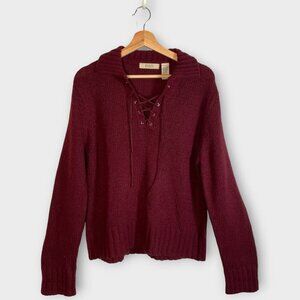 🦜 Vtg R&R Sweater LARGE Maroon Lace Up Front Wool Blend Cabincore